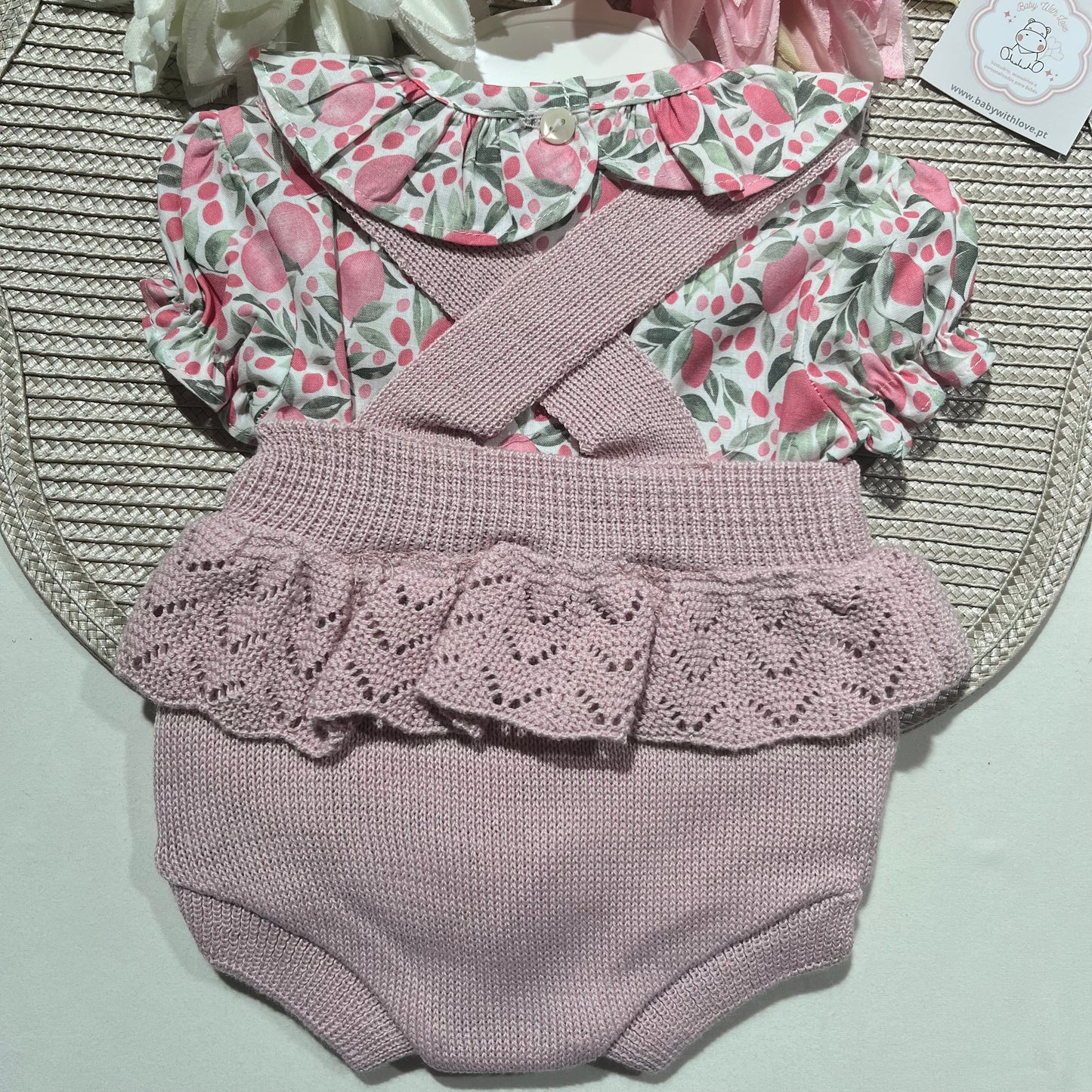 Conjunto Liz - fofo + camisa para bebé - 0 aos 12M - Rosa velho