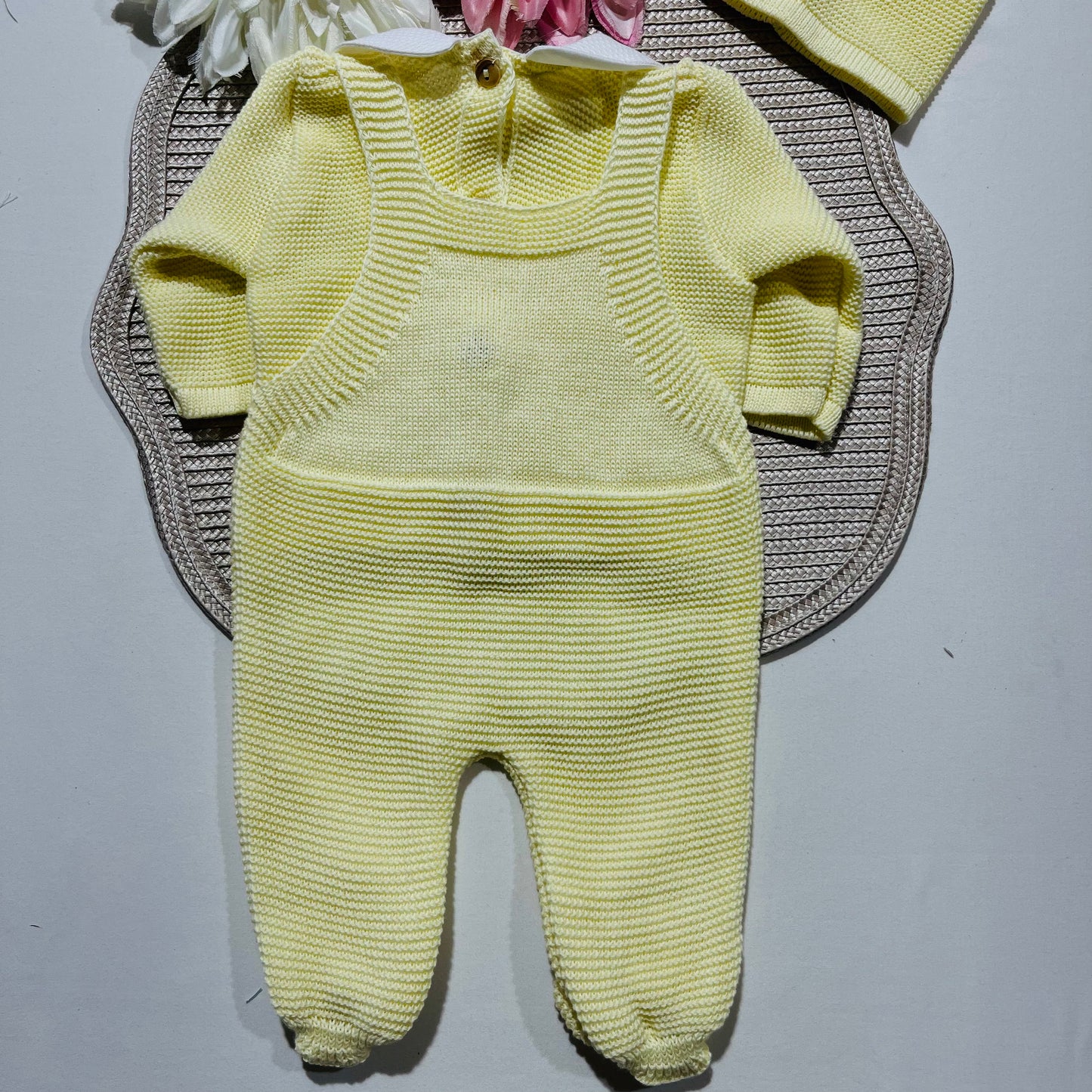 Conjunto jardineira em algodão para bebé - 3 peças -Amarelo bebé