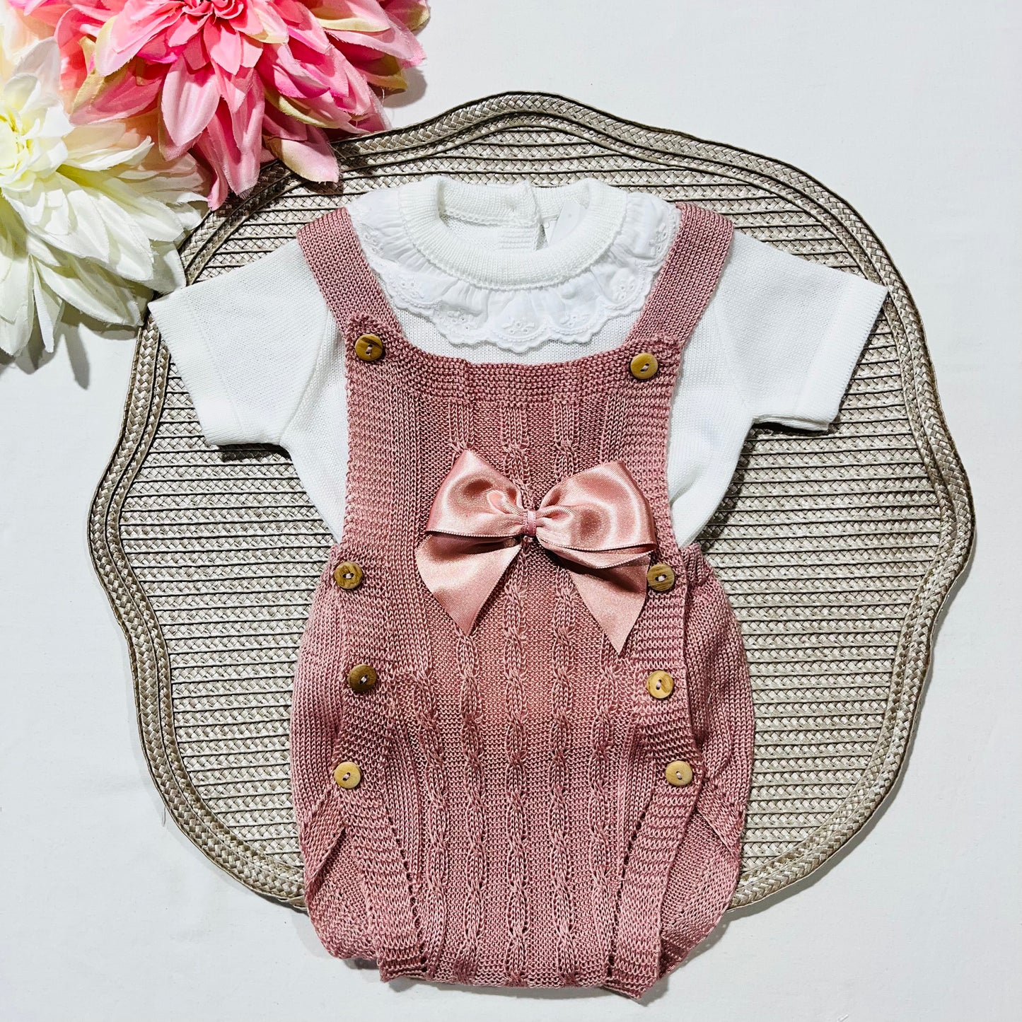 Conjunto saída de maternidade para bebé - Conjunto Laço de bebé em malha - Rosa velho - 2 peças