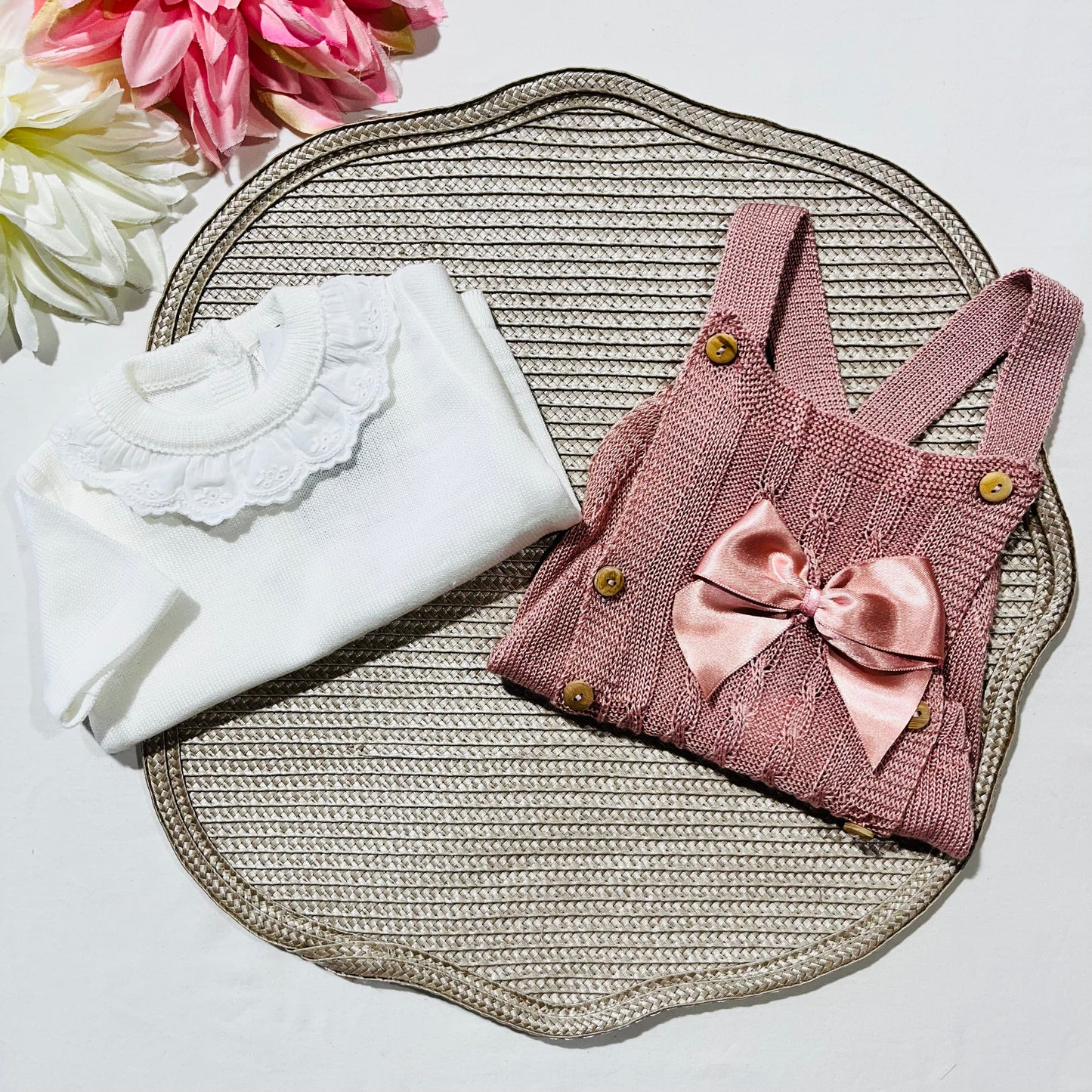 Conjunto saída de maternidade para bebé - Conjunto Laço de bebé em malha - Rosa velho - 2 peças