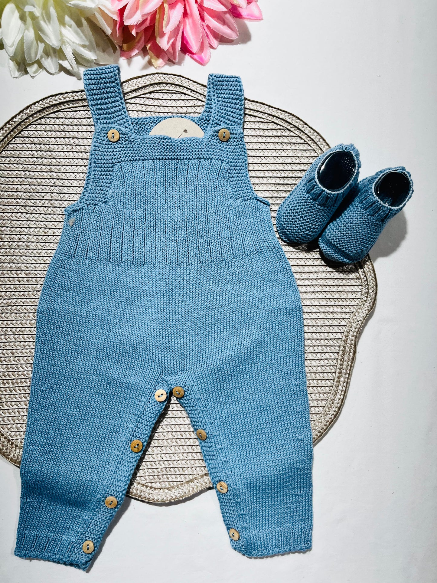 Jardineira + carapins para bebé - Algodão em azul cobalto