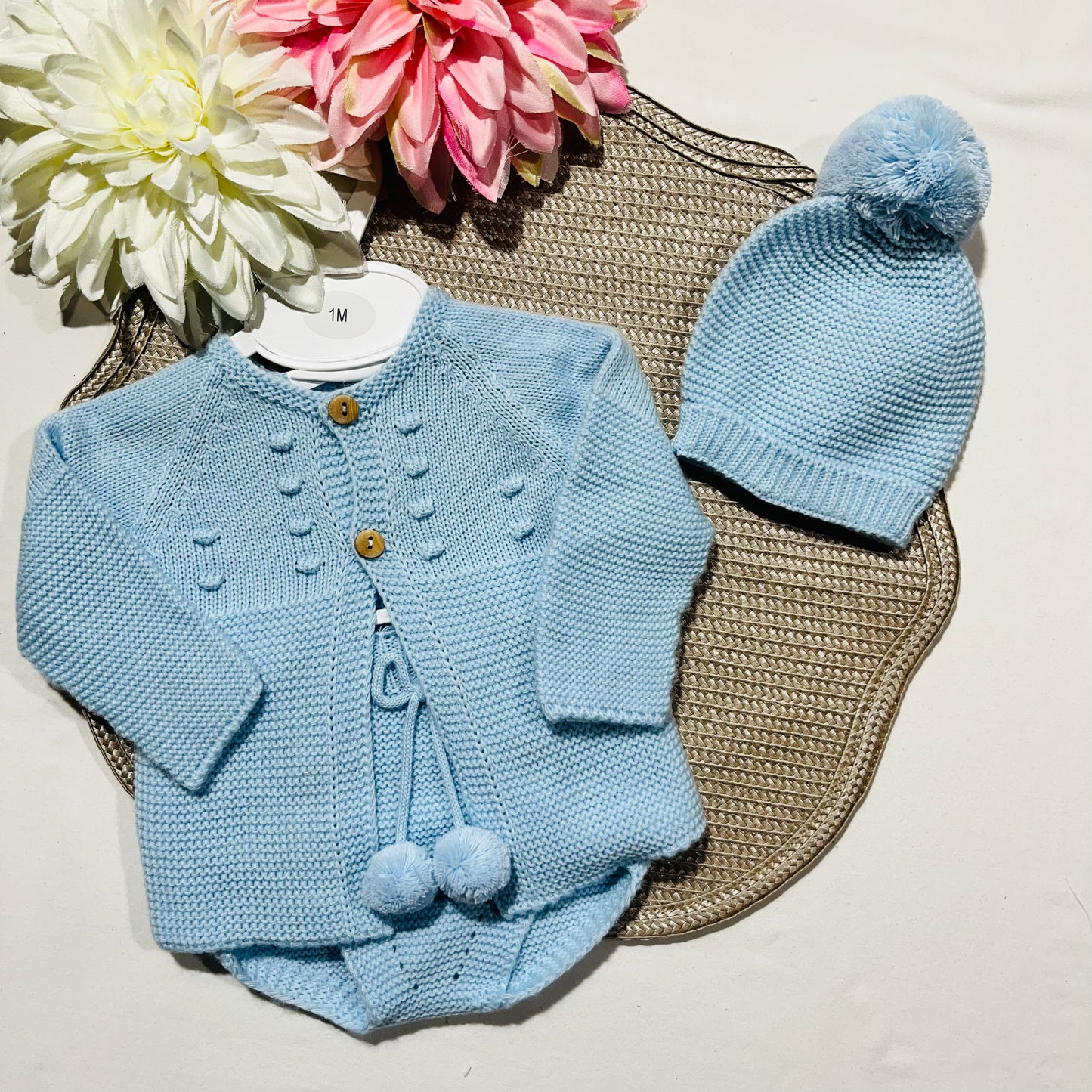 Conjunto saída de maternidade para bebé - Casaco, tapa-fraldas e gorro - Azul