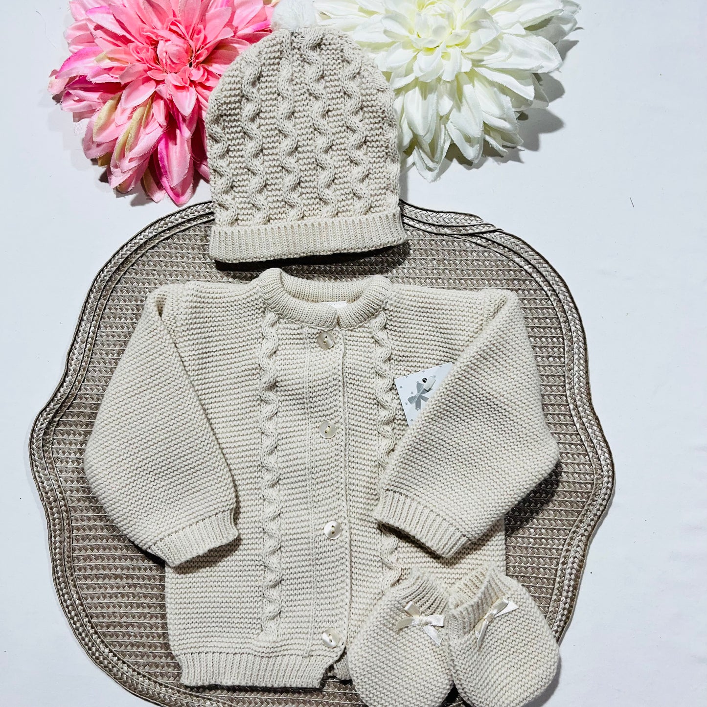 Conjunto de bebé - Casaco + Gorro + luvas - Areia