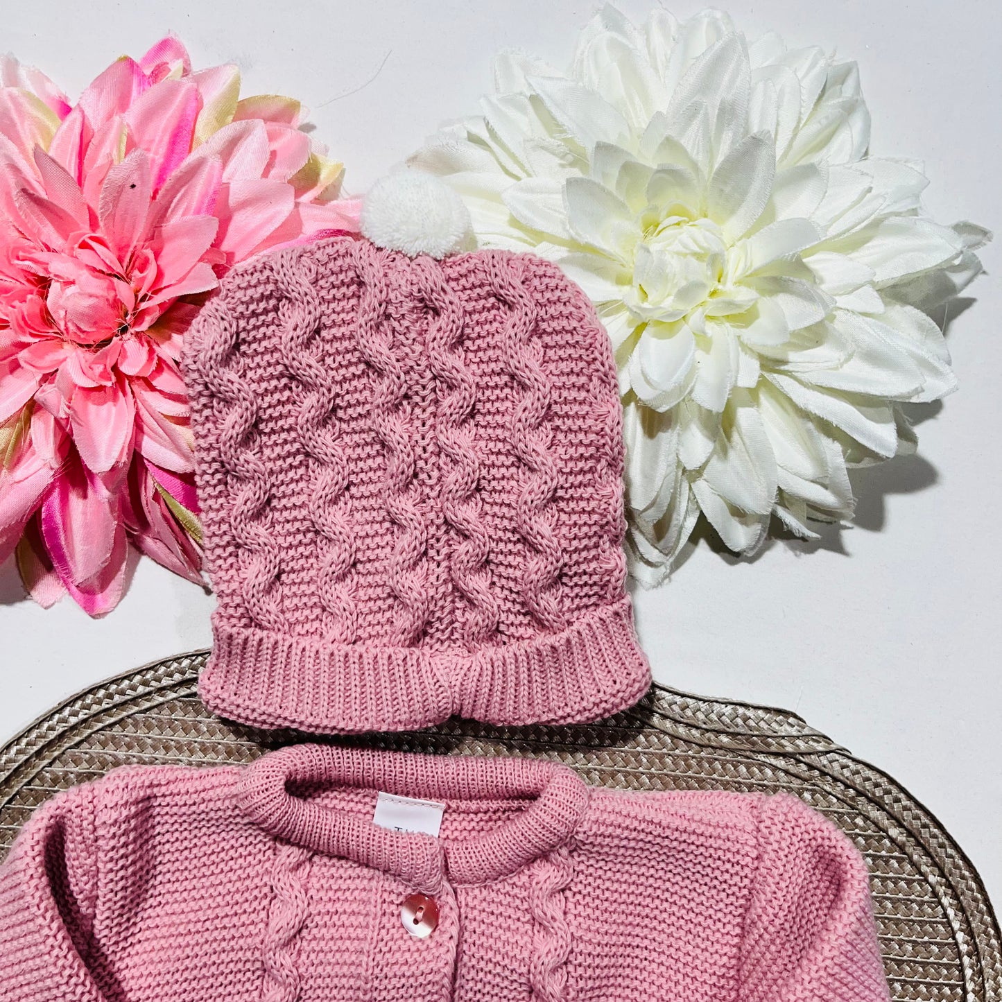 Conjunto de bebé - Casaco + Gorro + luvas - Rosa velho