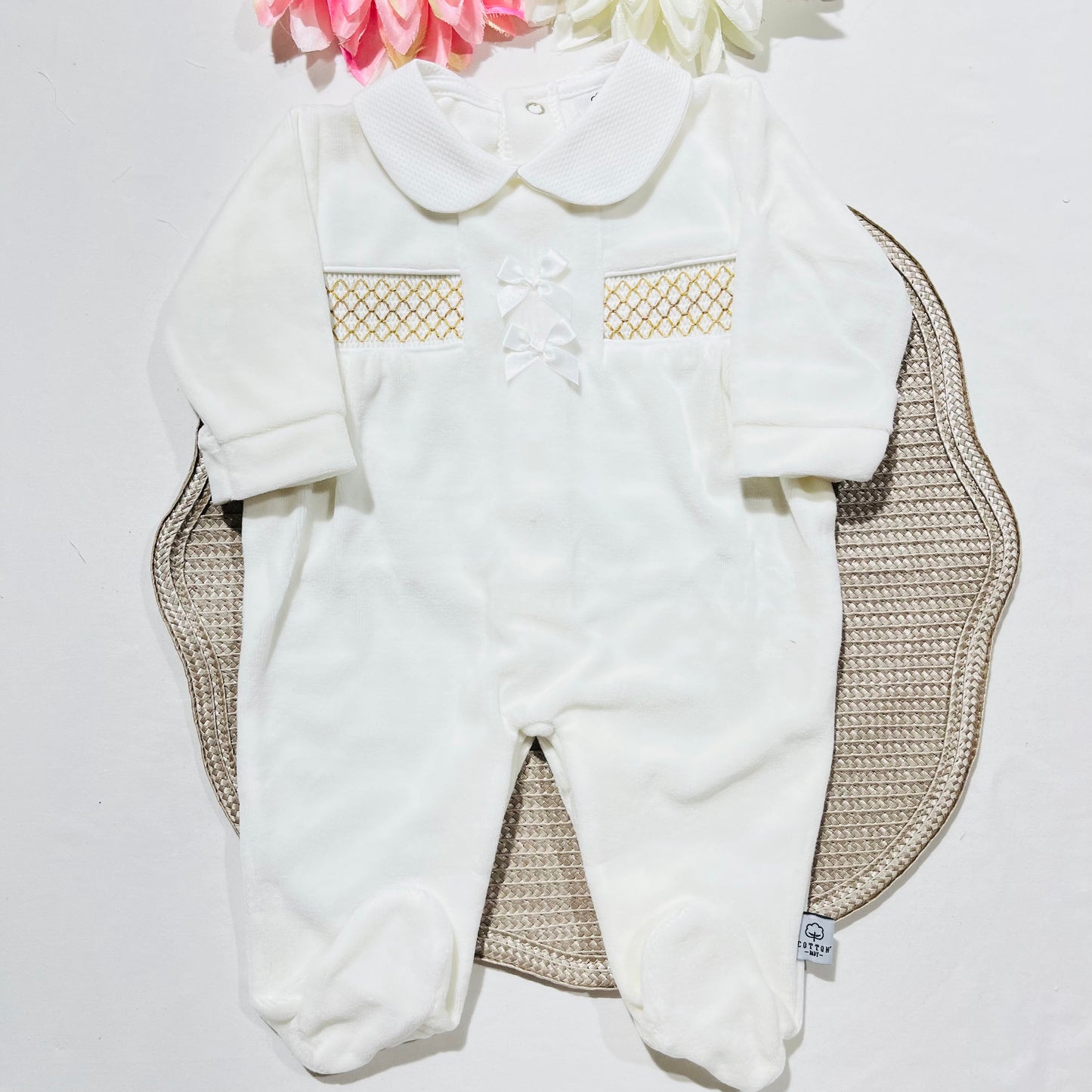 Babygrow em veludo Favo de mel - Pérola - 3 e 6 meses