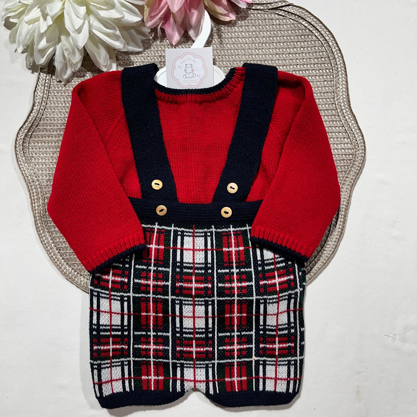 Conjunto xadrez para bebé em malha - 1/3M e 3/6M - Vermelho