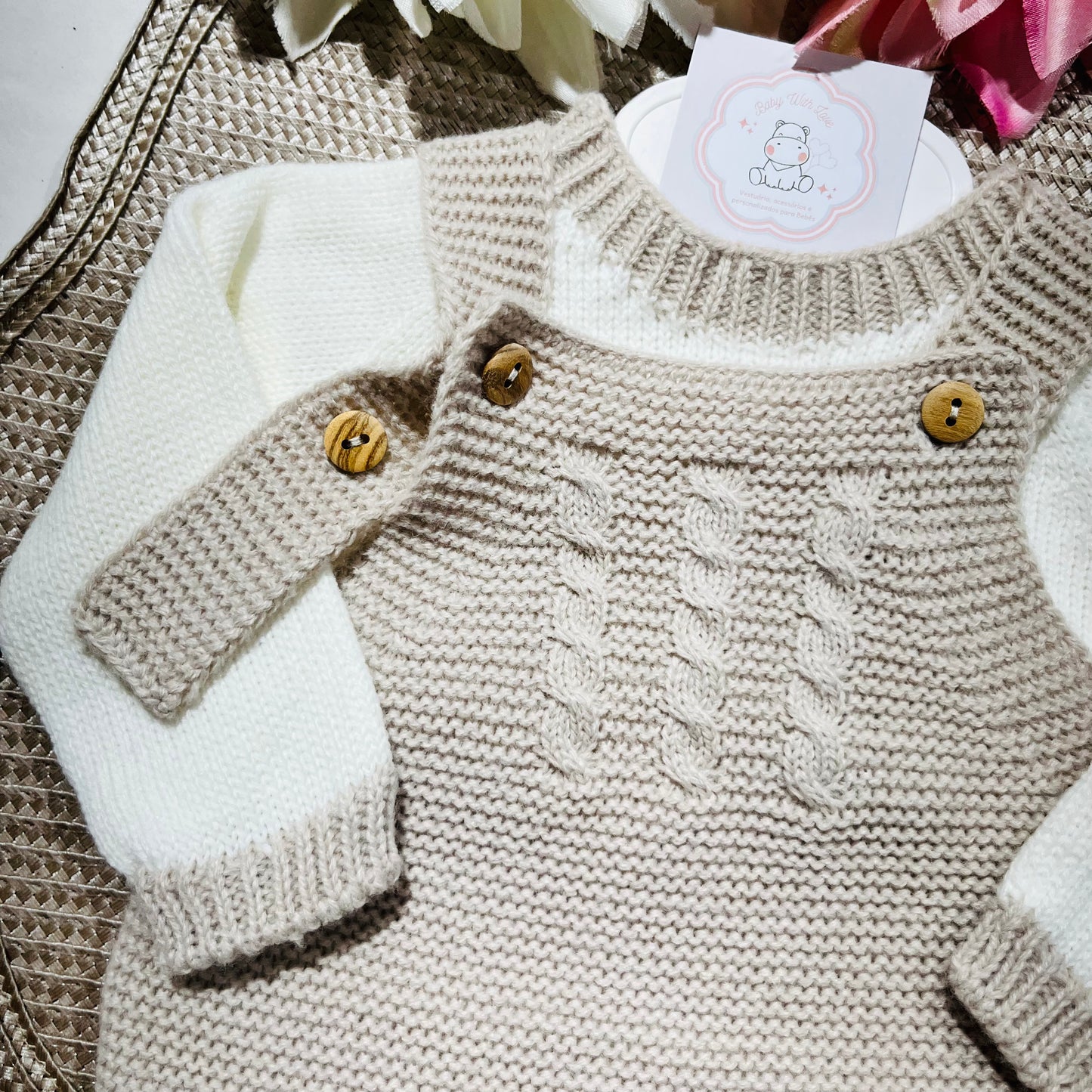 Conjunto de malha para bebé Aconchego - Areia - 1M, 3M e 6M