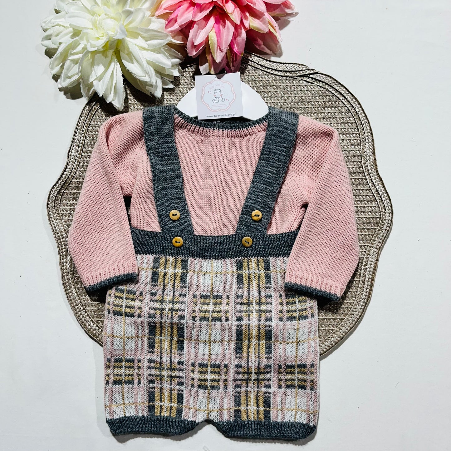 Conjunto xadrez para bebé em malha - 1/3M e 3/6M - Rosa velho
