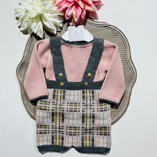 Conjunto  xadrez para bebé em malha - 1/3M e 3/6M - Rosa velho
