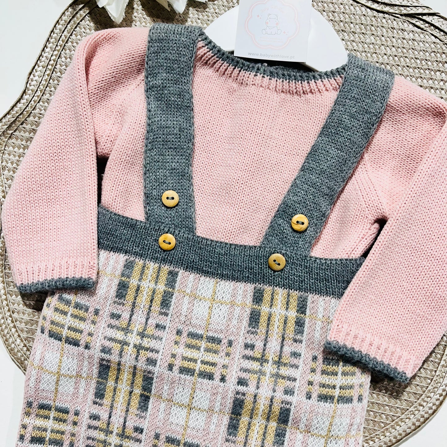 Conjunto xadrez para bebé em malha - 1/3M e 3/6M - Rosa velho
