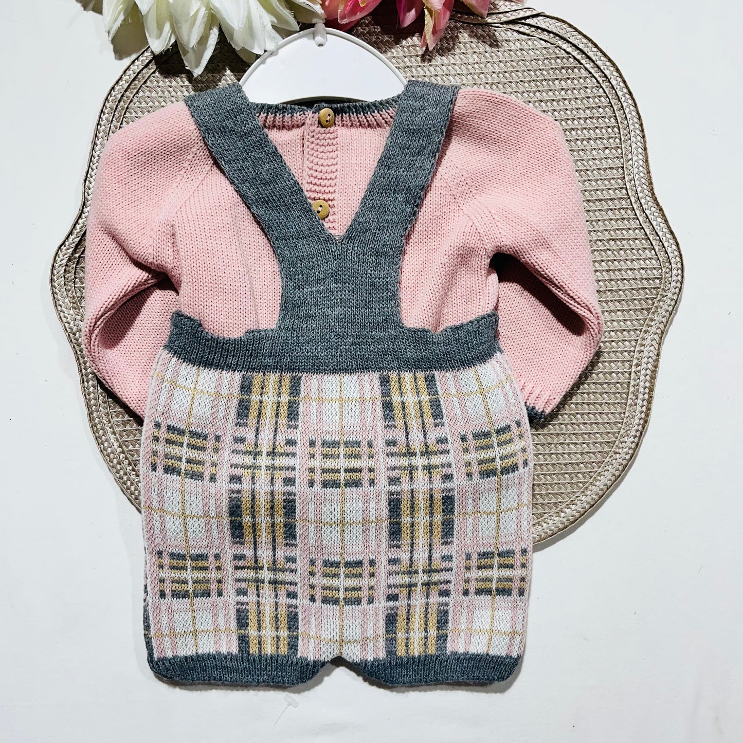 Conjunto xadrez para bebé em malha - 1/3M e 3/6M - Rosa velho