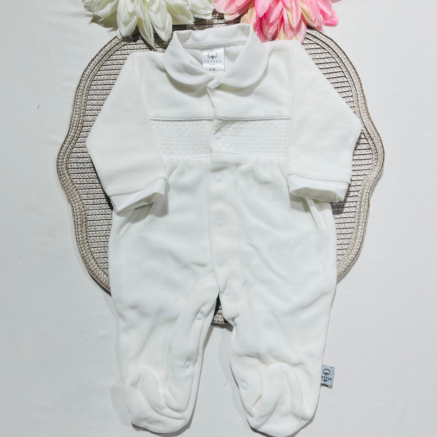 Babygrow em veludo Favo de mel - Branco - 3 e 6 meses