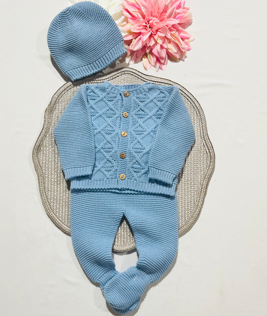 Conjunto de malha para bebé - 3 peças -1/3M e 3/6M - Azul cobalto