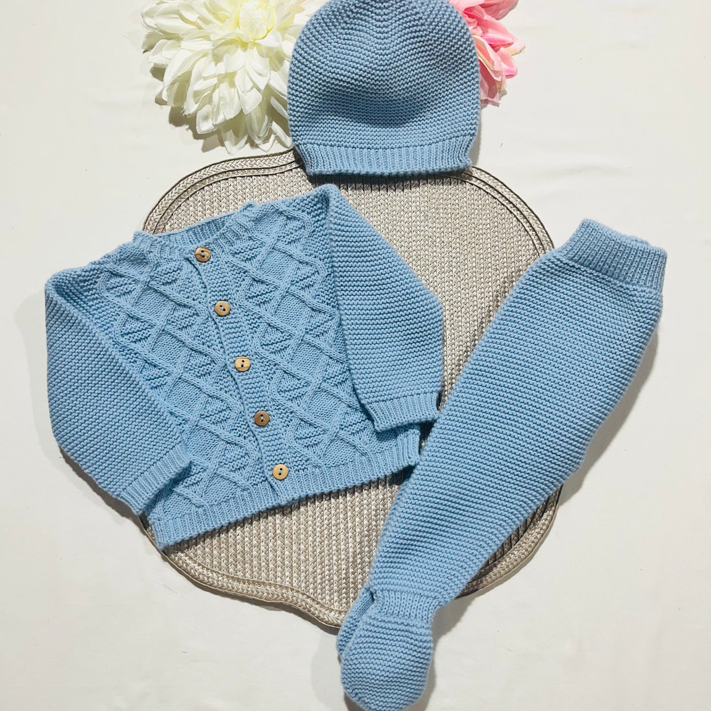 Conjunto de malha para bebé - 3 peças -1/3M e 3/6M - Azul cobalto