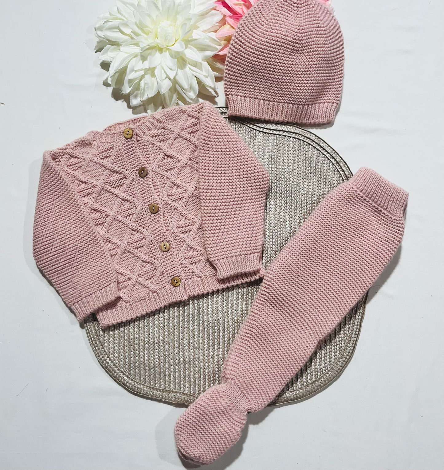 Conjunto de malha para bebé - 3 peças -1/3M e 3/6M - Rosa velho