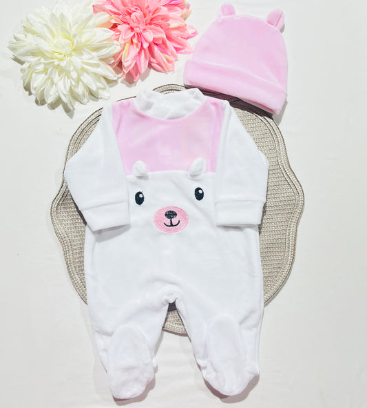 Conjunto Babygrow de veludo - Ursinho de inverno - Rosa