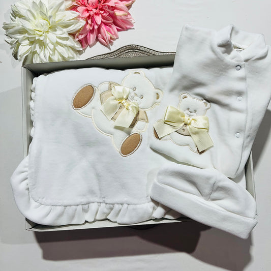 Conjunto em veludo - Manta + Babygrow + Gorro - 1M - Pérola