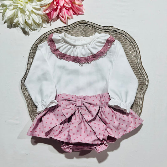Conjunto Alice - camisa e tapa fralda para bebé - 3,6 e 12M - Rosa velho