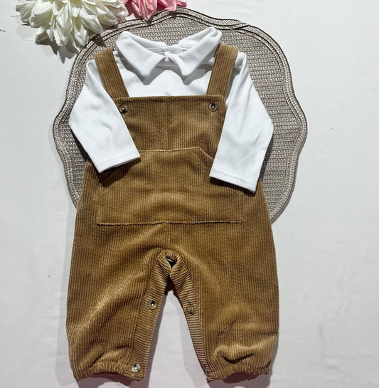 Conjunto Tomás em bombazina - jardineira e camisa - 3,6 e 12M - Areia