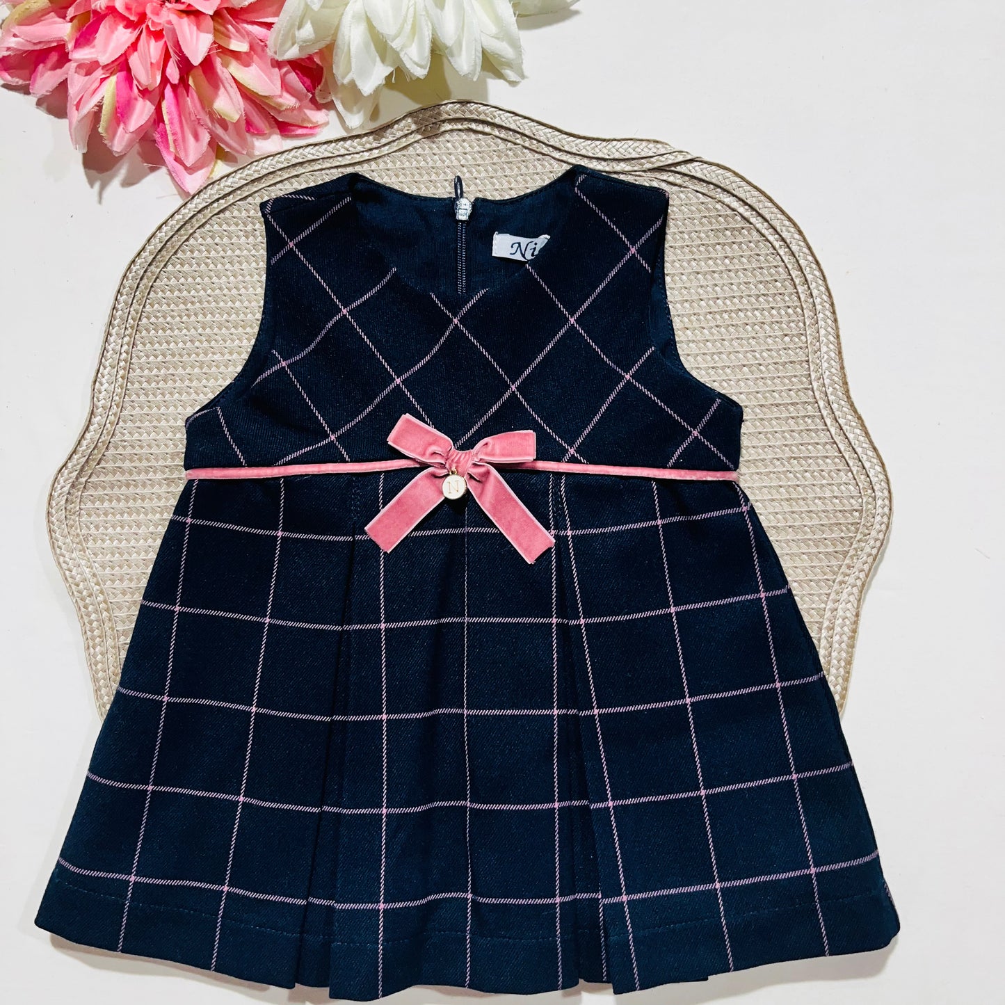 Vestido em fazenda com laço bebé - 3 e 6M