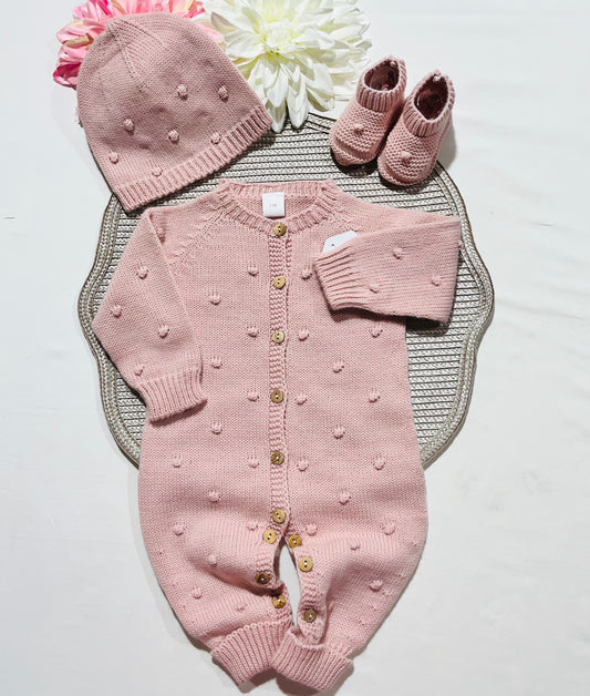 Conjunto macacão pompom - 3 peças -Rosa velho
