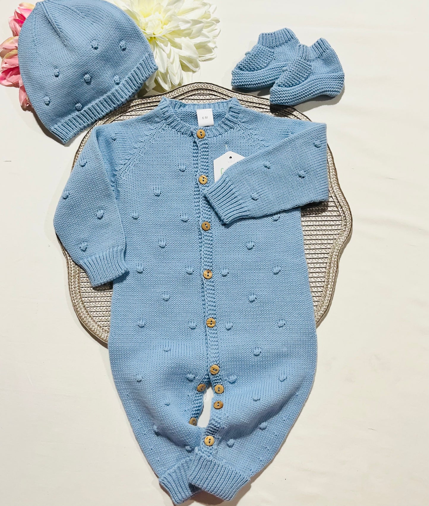 Conjunto macacão pompom - 3 peças - Azul cobalto