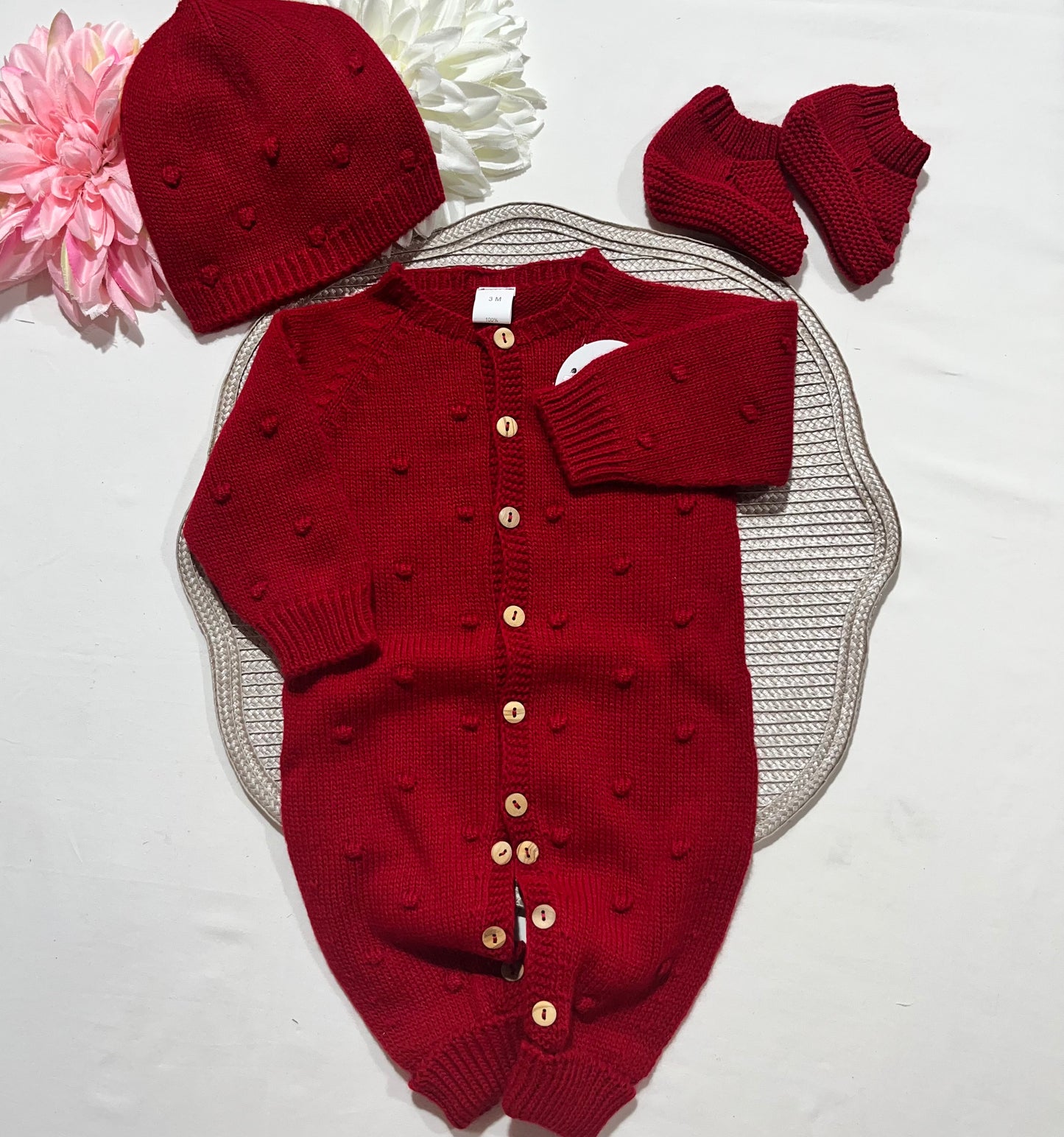 Conjunto macacão pompom - 3 peças - vermelho
