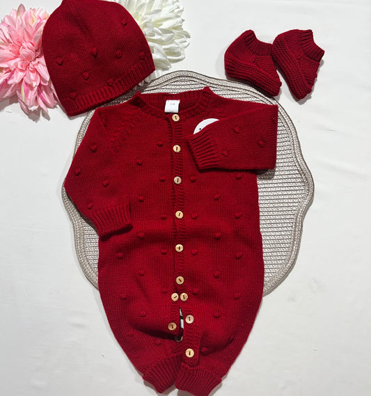 Conjunto macacão pompom - 3 peças - vermelho