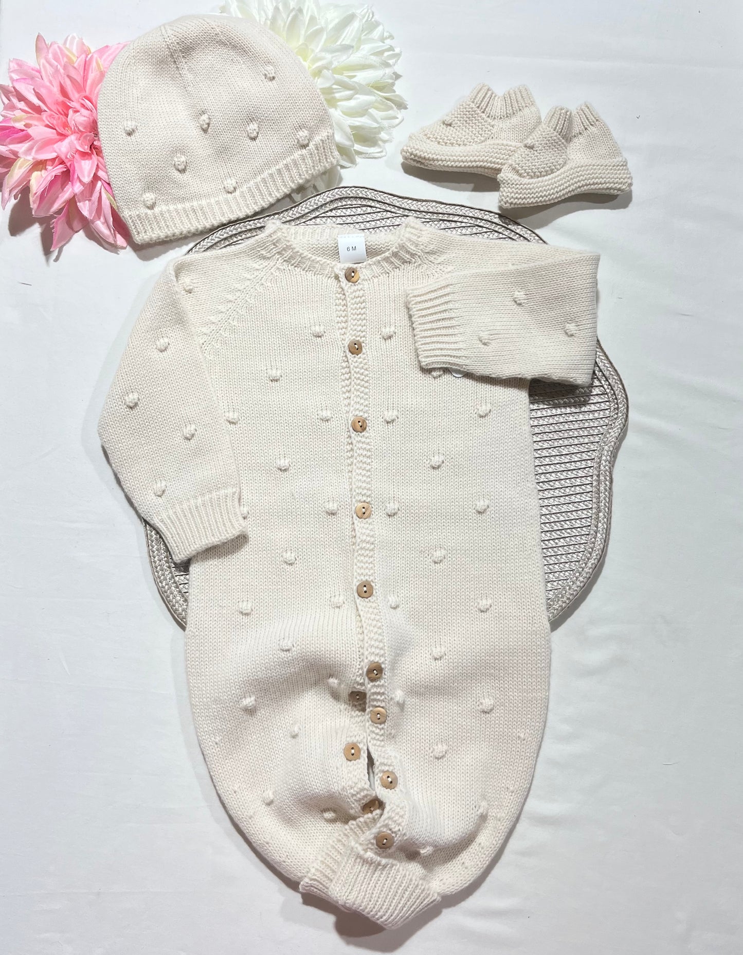 Conjunto macacão pompom - 3 peças - Areia