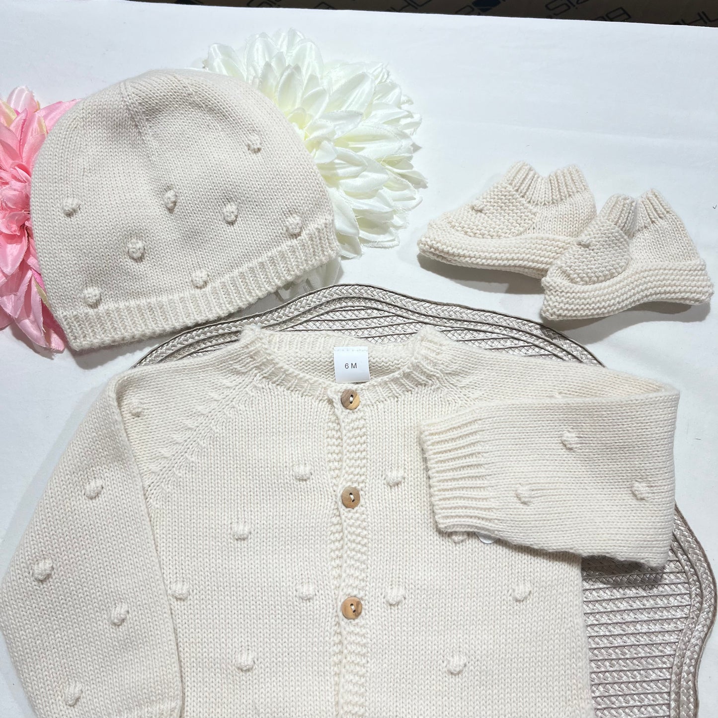 Conjunto macacão pompom - 3 peças - Areia