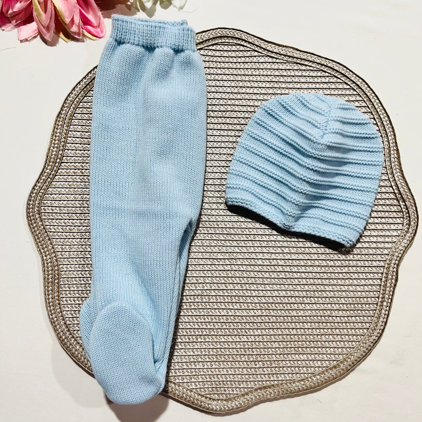 Conjunto Lucas em malha suave -Azul bebé - 3 e 6M