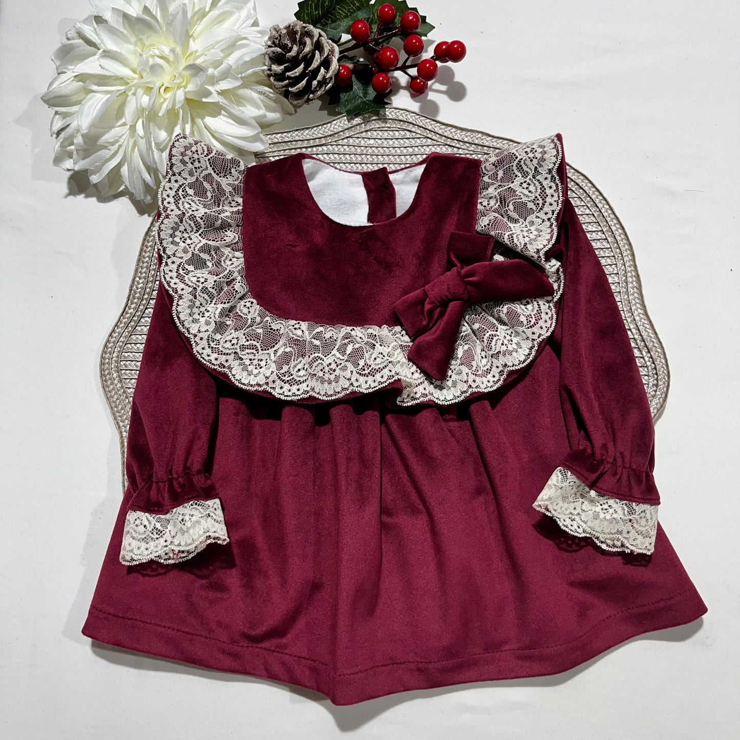 Vestido Sara  em veludo para bebé - PREMIUM - 6 e 12M - Bordou