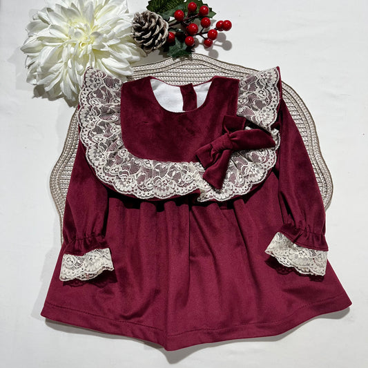 Vestido Sara  em veludo para bebé - PREMIUM - 6 e 12M - Bordou
