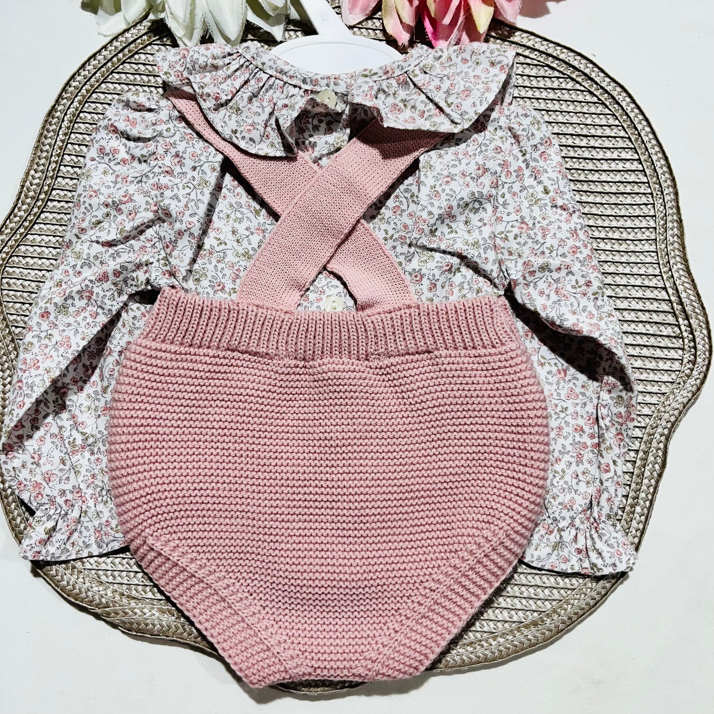 Conjunto Flor em malha para bebé - 1 aos 12M - Rosa velho