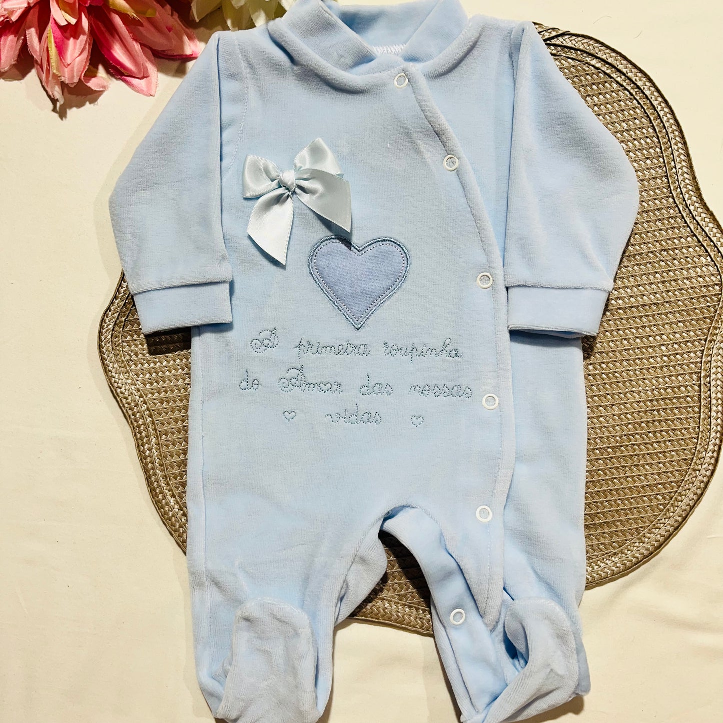Primeira roupinha em veludo para recém-nascido - Azul - Amor