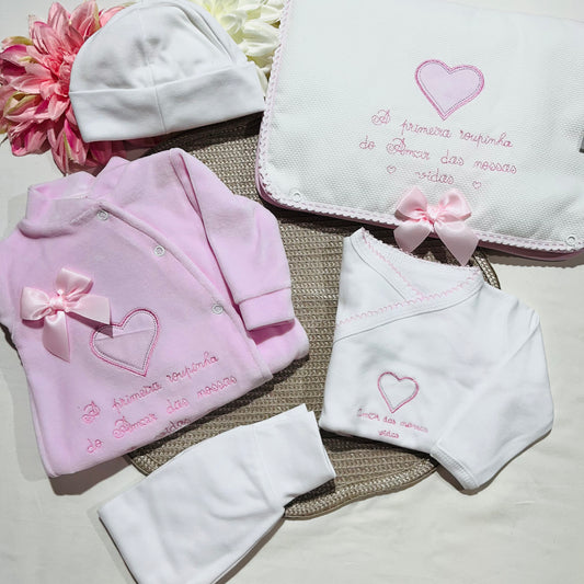 Primeira roupinha em veludo para recém-nascido - Rosa - Amor
