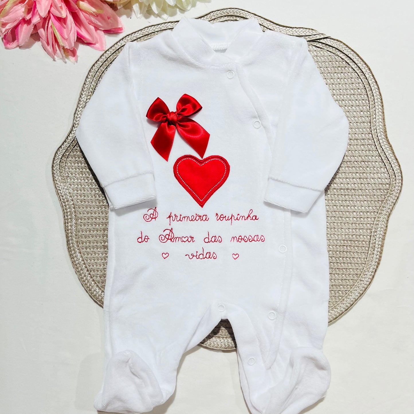 Primeira roupinha em veludo para recém-nascido - Vermelho - Amor
