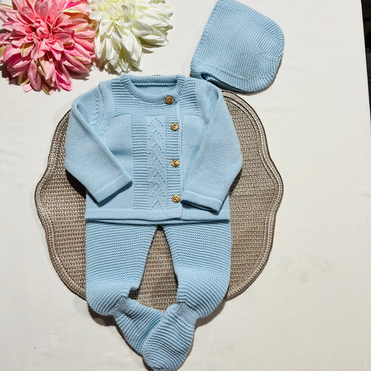 Conjunto de malha para bebé - 3 peças -1/3M e 3/6M - Azul