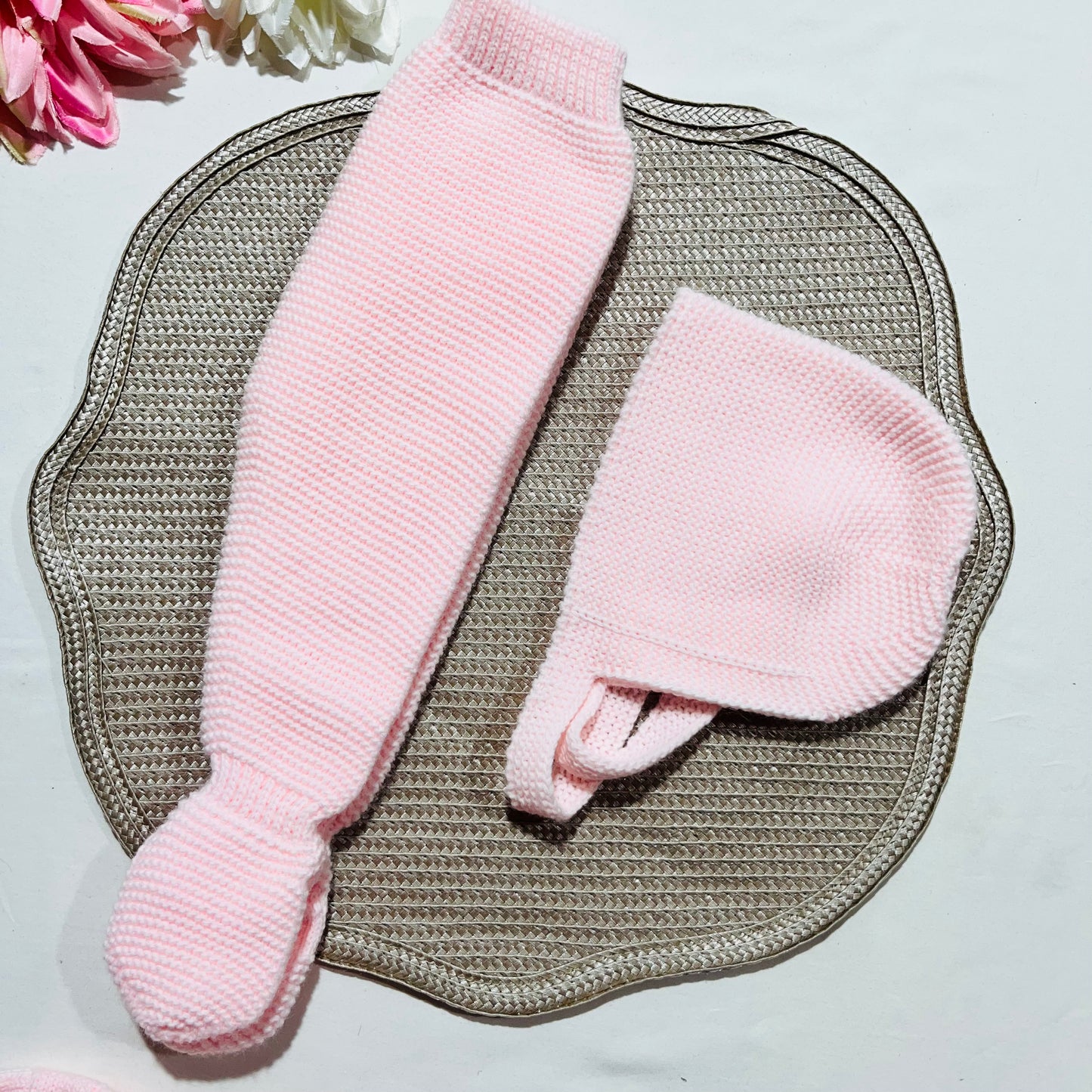 Conjunto de malha para bebé - 3 peças -1/3M e 3/6M -Rosa