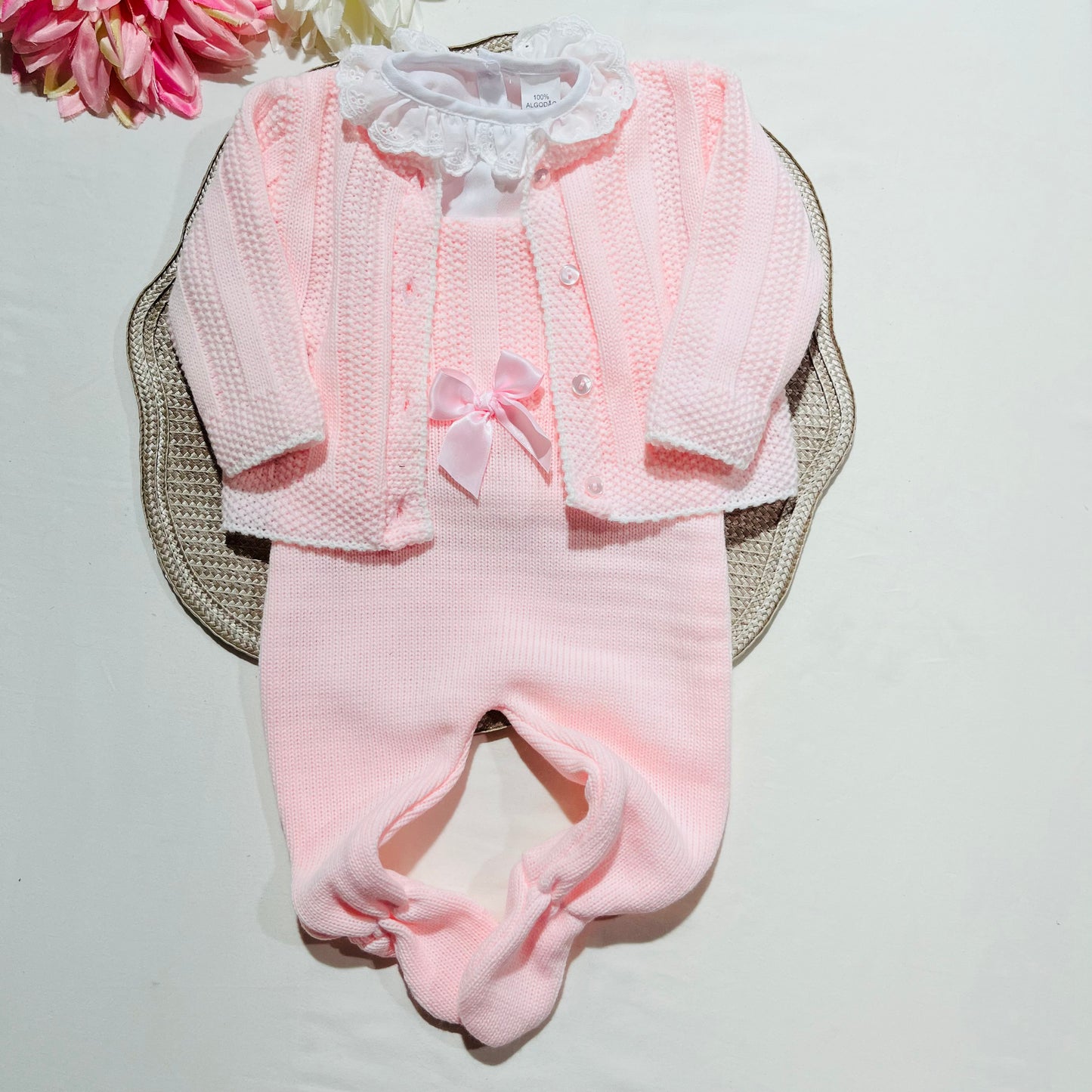 Conjunto Matilde em malha - 3M e 6M - Rosa bebé