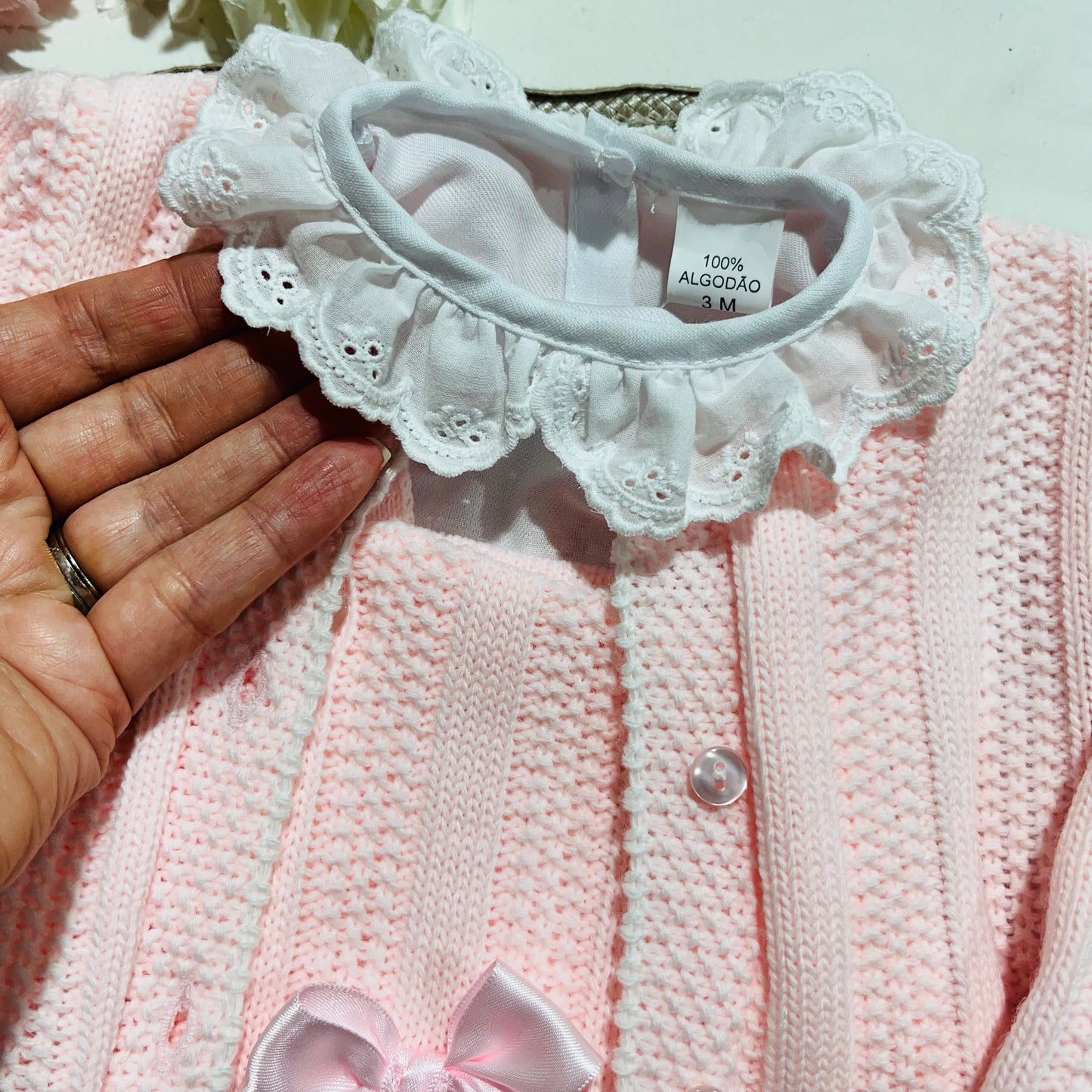 Conjunto Matilde em malha - 3M e 6M - Rosa bebé