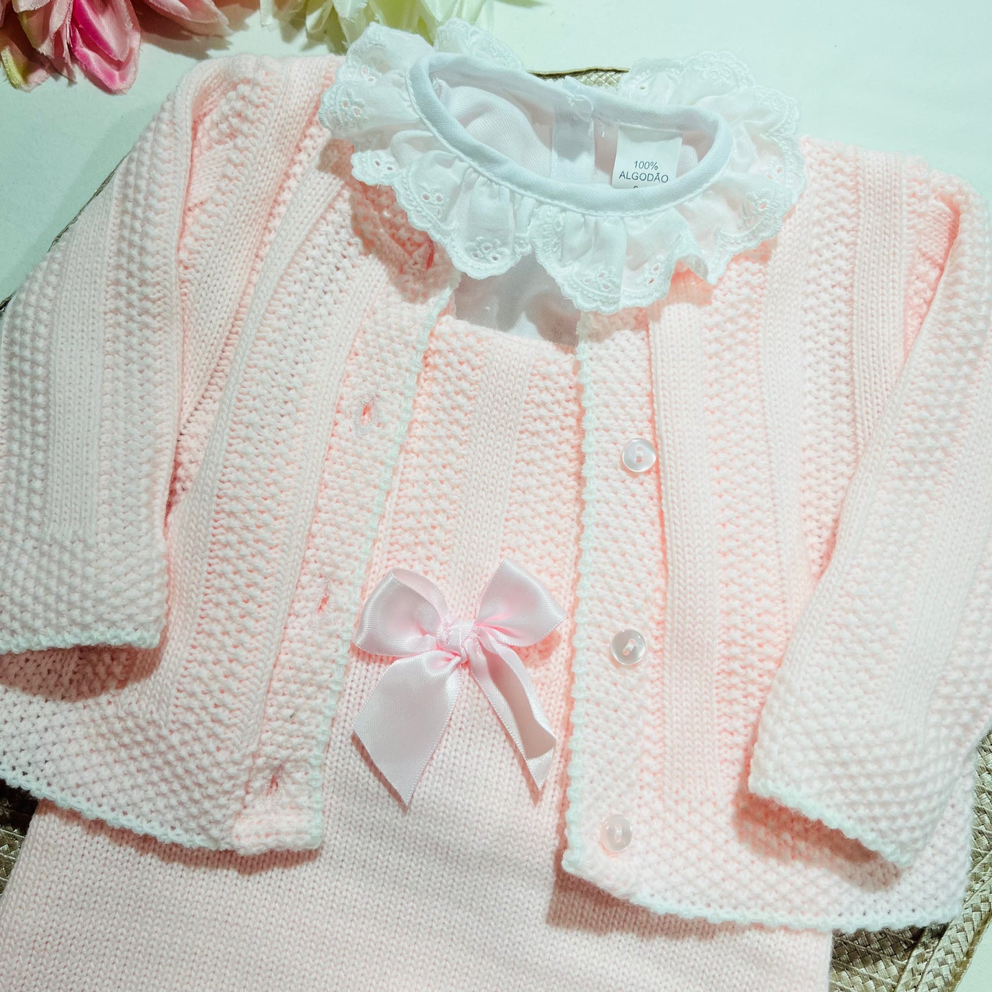 Conjunto Matilde em malha - 3M e 6M - Rosa bebé