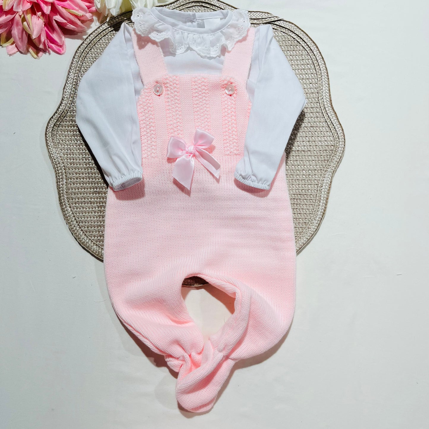 Conjunto Matilde em malha - 3M e 6M - Rosa bebé