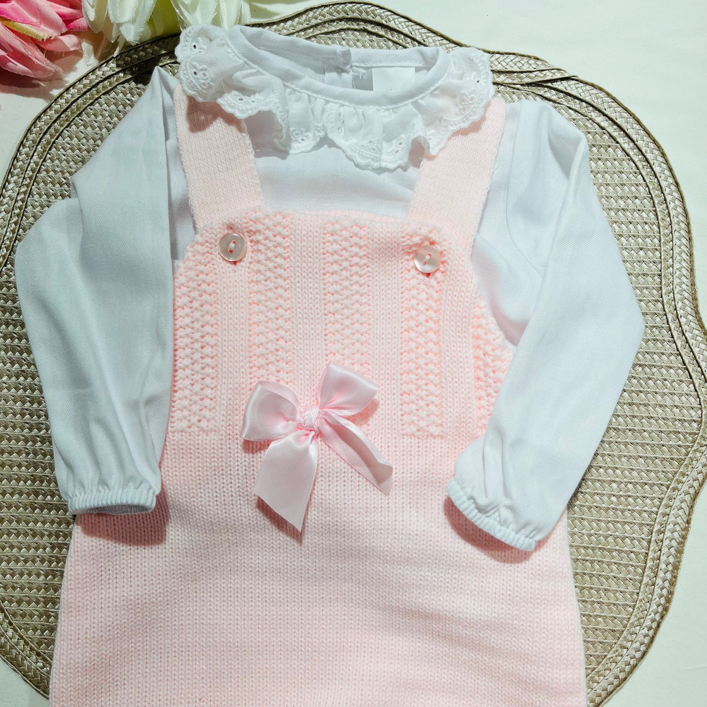 Conjunto Matilde em malha - 3M e 6M - Rosa bebé