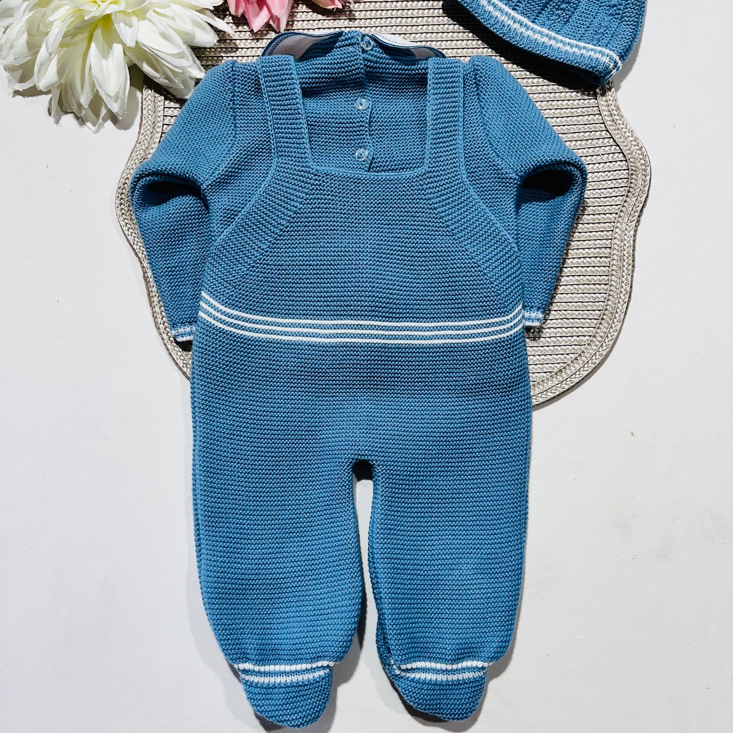 Conjunto Pompom de malha para bebé - Azul cobalto - 0/2M
