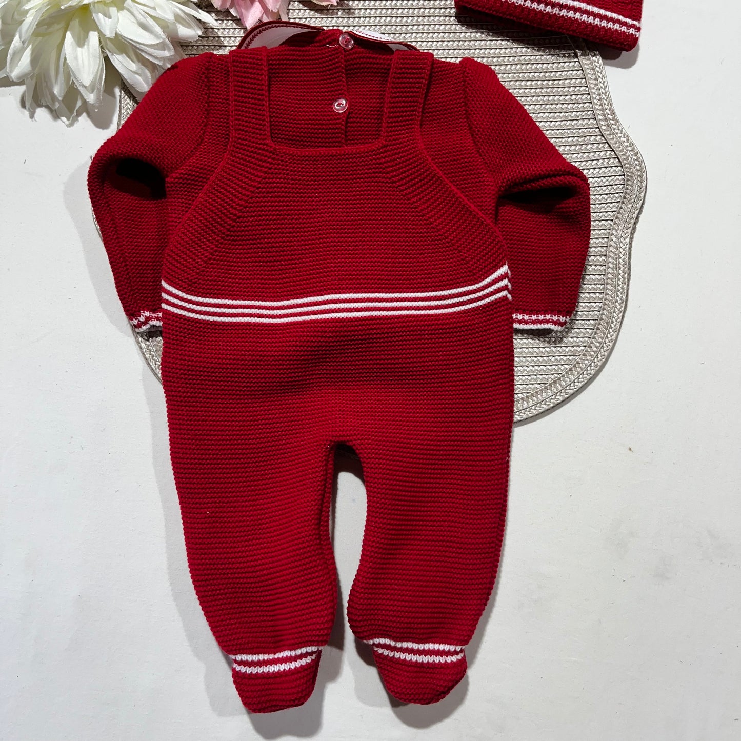 Conjunto Pompom de malha para bebé - Vermelho - 0/2M