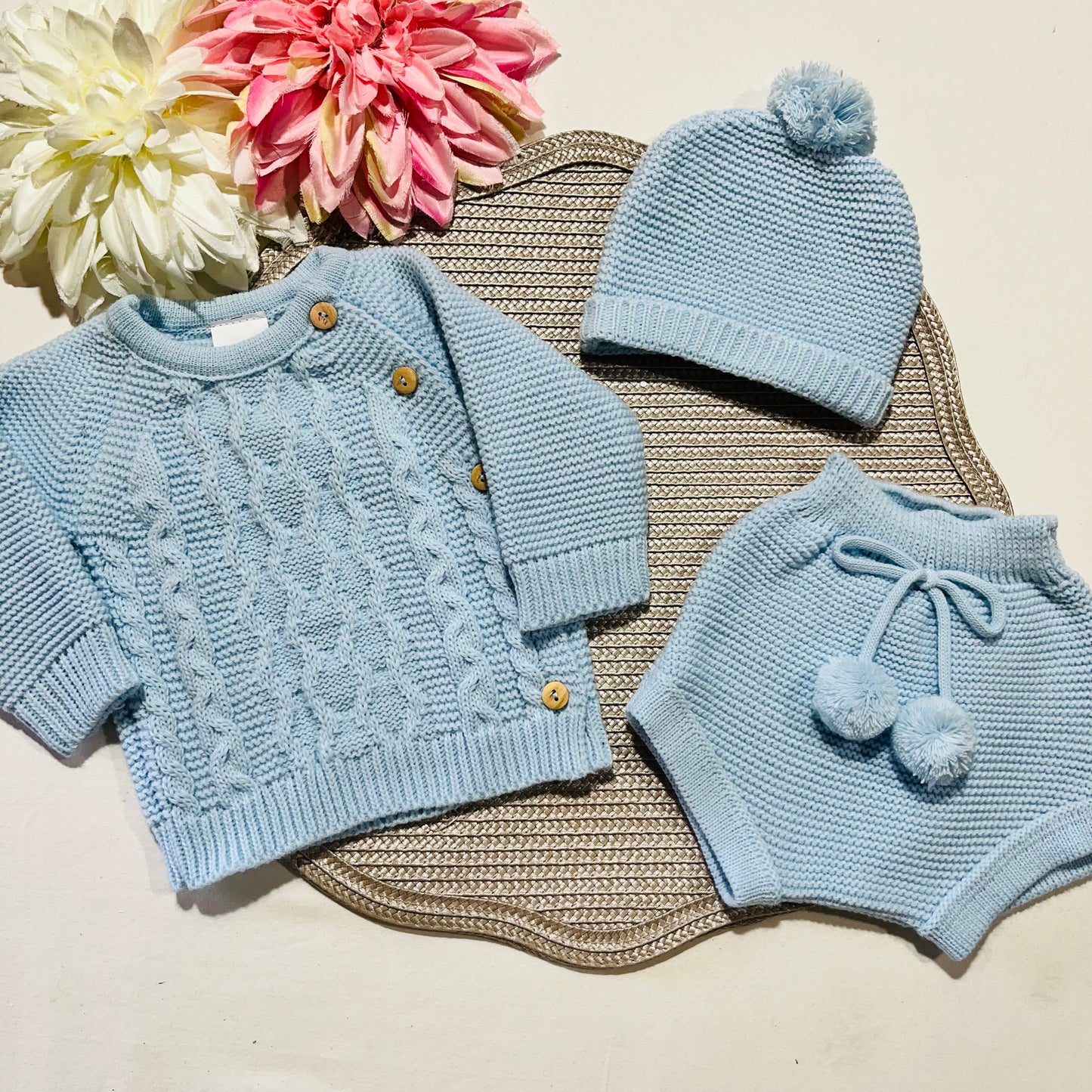 Conjunto em malha para bebé 3 peças - 0/3M - Azul bebé