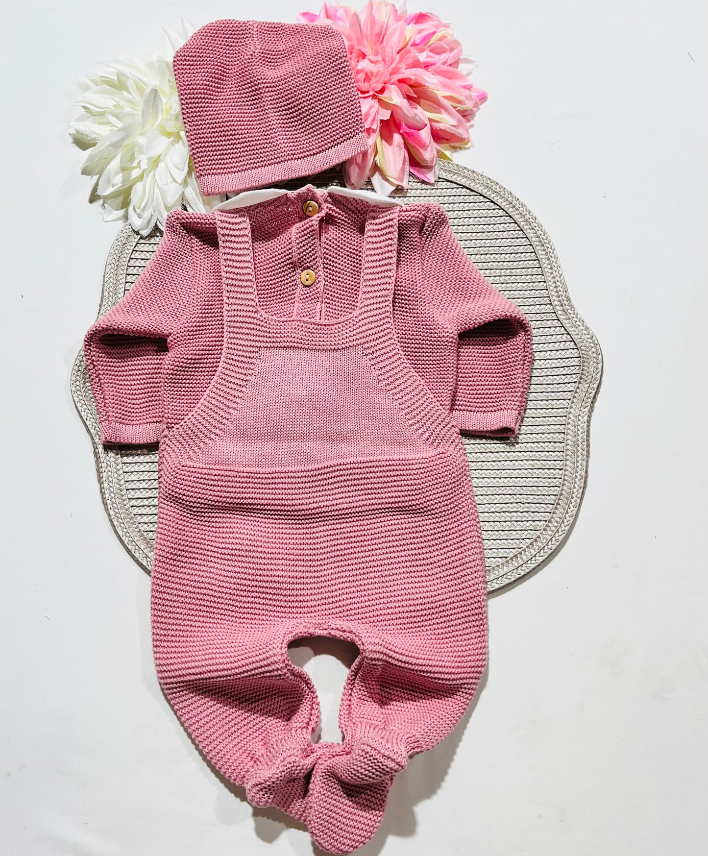 Conjunto jardineira em algodão para bebé - 3 peças - Rosa velho