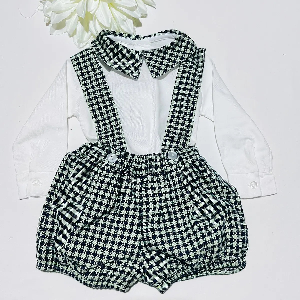 Conjunto jardineira e body xadrez