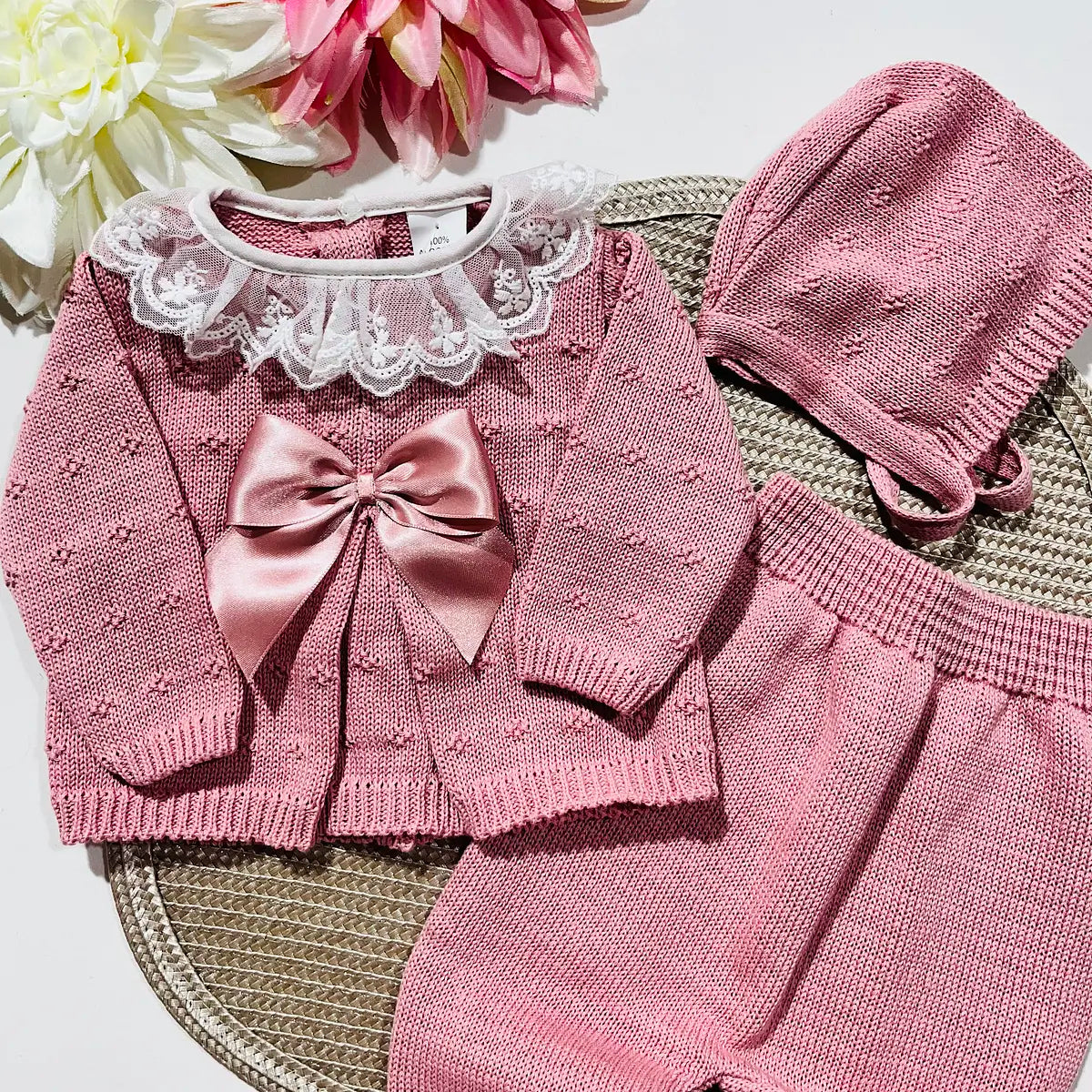 Conjunto de bebé, camisola, calça e touca - 100% algodão - Rosa Velho